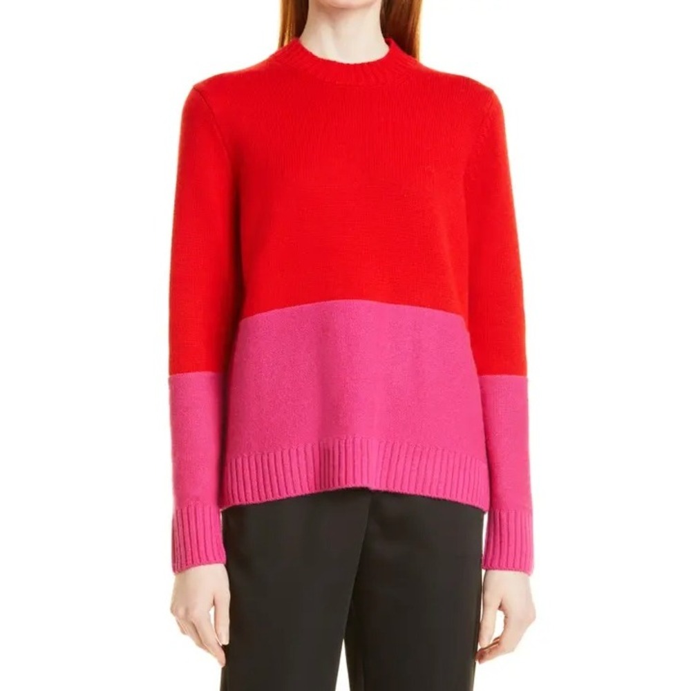 NWT MILLY Wool Cashmere Colorblock Crew Neck Sweater Women XL Red Pink Luxury